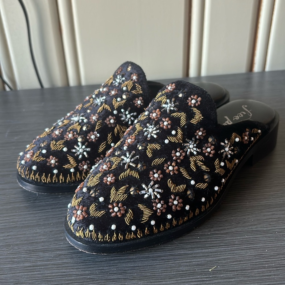 Free People Cosmic Beaded Velvet Slip On Loafer Mule Shoes Black Velvet 36 / 6